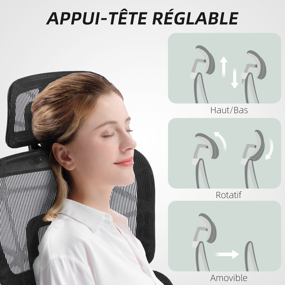 Fauteuil de bureau, chaise de bureau ergonomique en maille avec accoudoirs 3D, dossier inclinable, 66x64x122 cm, noir
