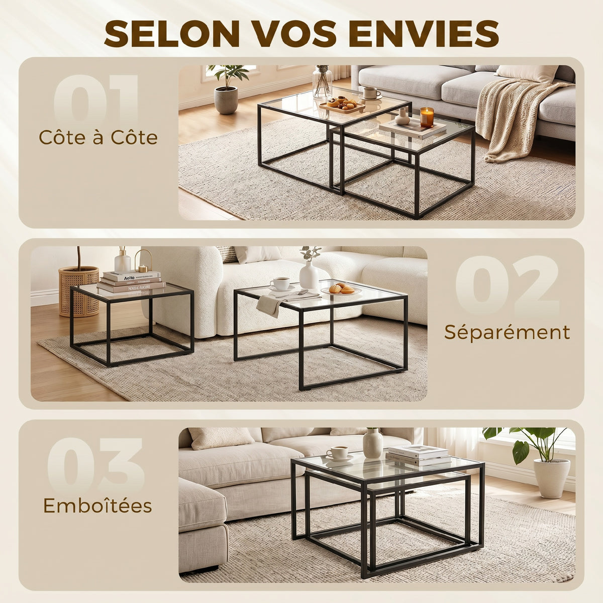 Lot de 2 tables basses gigognes, table de salon avec plateau en verre trempé et structure en métal, noir
