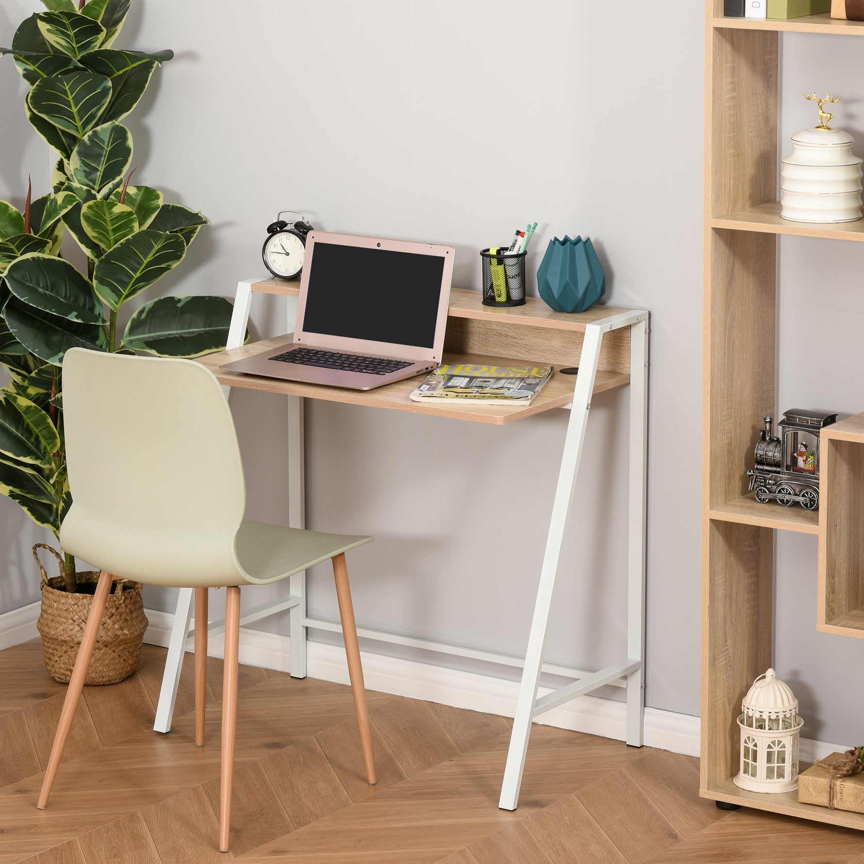 Bureau Informatique Table Ordinateur d'étude dim. 84L x 45l x 85H cm Style Simple en Bois chêne Clair Blanc
