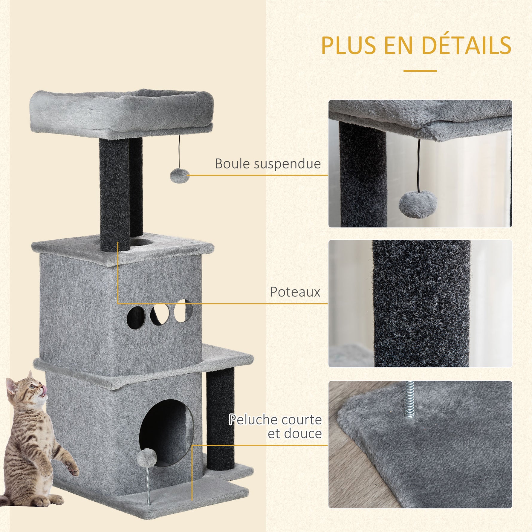 Arbre à chats design cosy chic multi-équipements centre d'activités niches plateformes lit jeu boule feutres amovibles lavables panneaux de particules peluche courte 48 x 48 x 100 cm gris