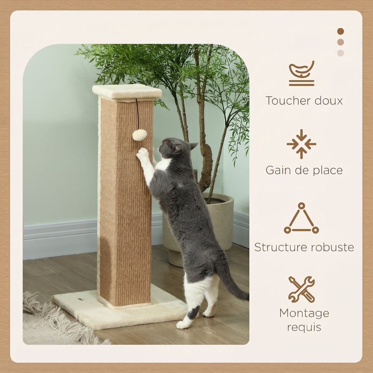 Griffoir pour chat poteau griffoir chat en sisal et peluche, boule suspendue base stable 41 x 41 x 81 cm beige