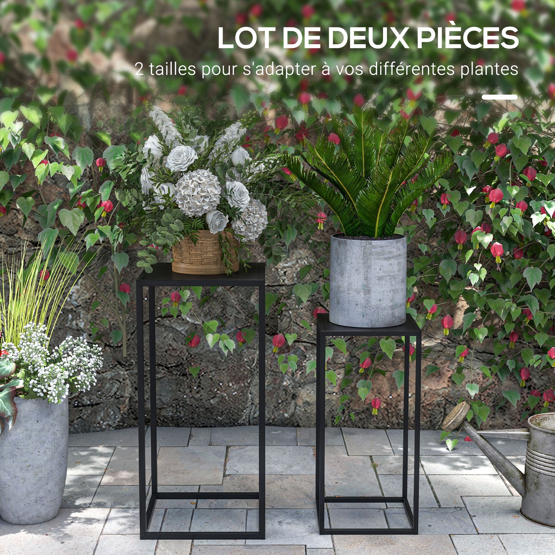Lot de 2 supports pot de fleurs encastrables 2 hauteurs différentes 58,5 et 65 cm - acier noir