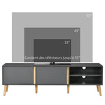 Mueble de TV escandinavo para televisores de hasta 55 pulgadas, 2 puertas, 2 nichos con pasacables, 150 x 35 x 45 cm, gris oscuro