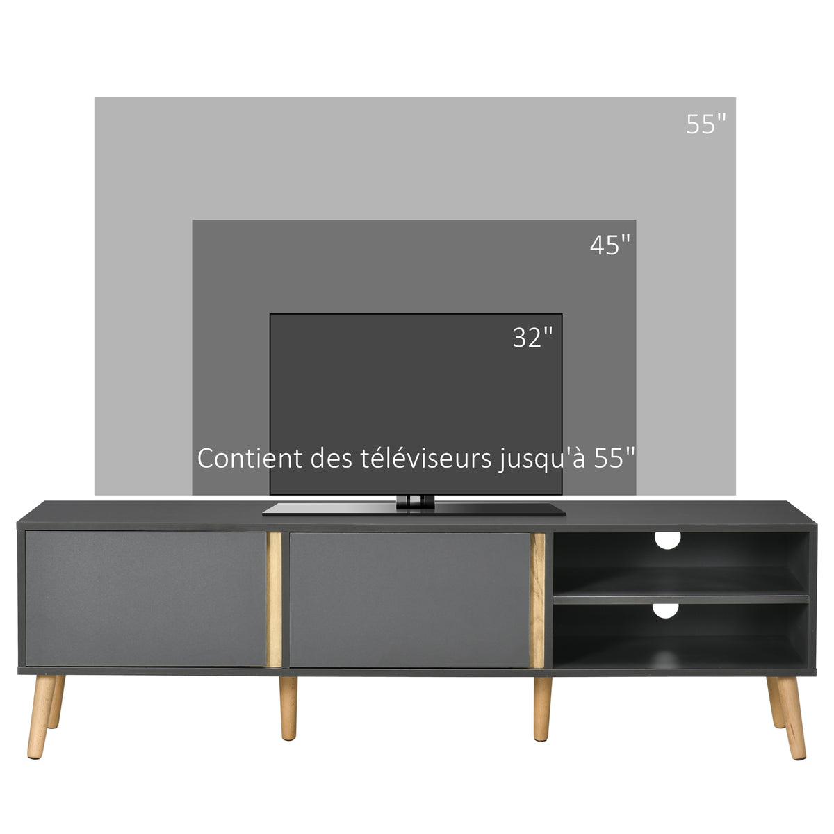 Mueble de TV escandinavo para televisores de hasta 55 pulgadas, 2 puertas, 2 nichos con pasacables, 150 x 35 x 45 cm, gris oscuro