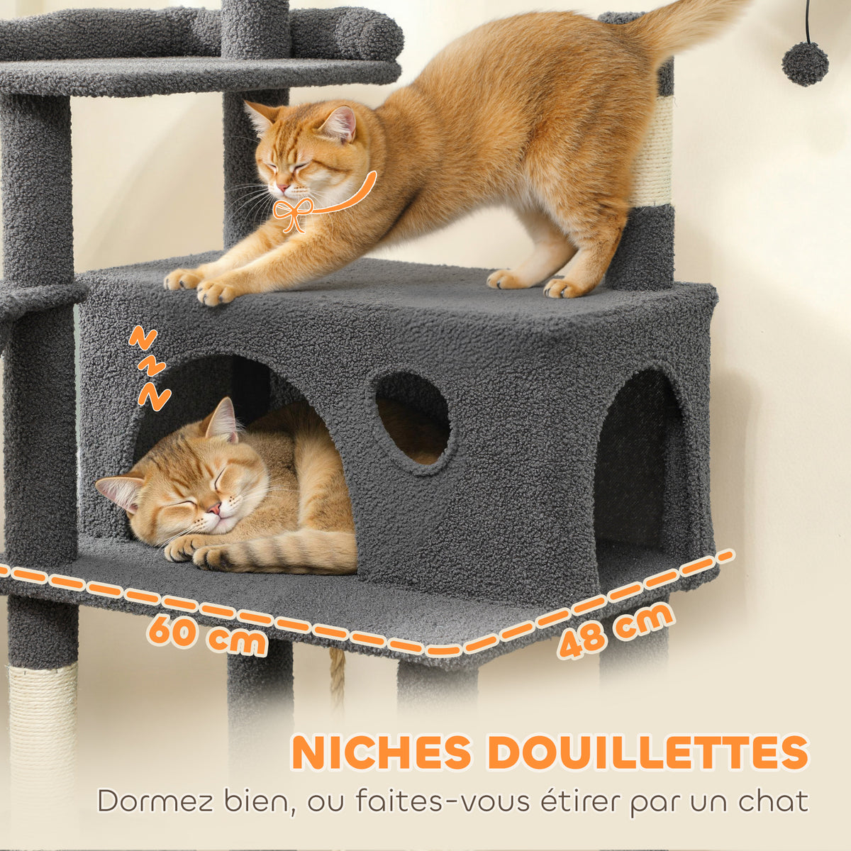 Arbre à chat tour de jeux pour chat avec griffoir 3 lits 2 niches plateformes et 3 jouets suspendus hauteur 174 cm gris