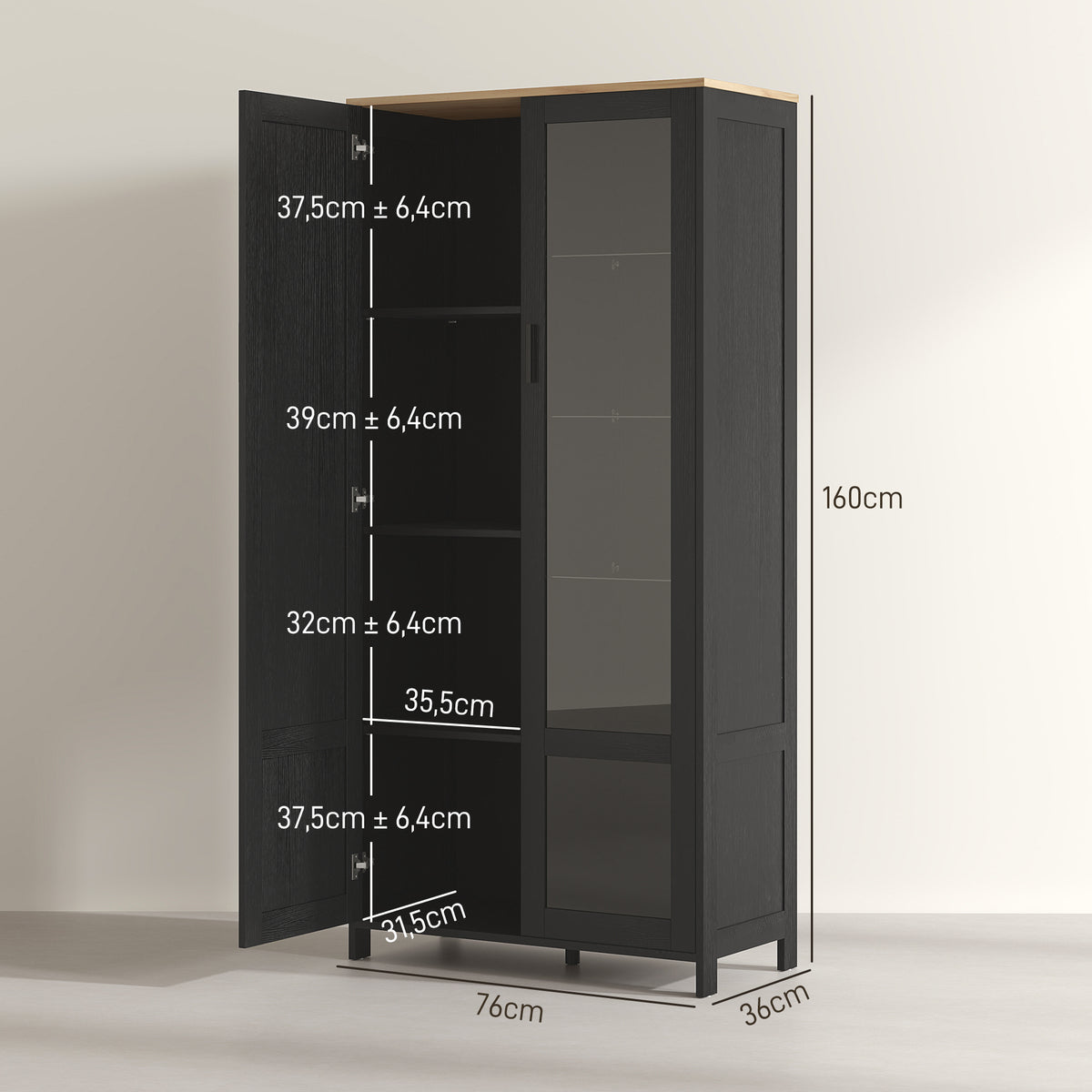 Buffet de cuisine armoire de cuisine meuble vitrine avec étagères réglables et 9 compartiments 76 x 36 x 160 cm noir