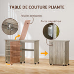 Table de couture pliante meuble couture à abattant avec bacs de rangement, étagère ouverte et roulettes effet bois grisé