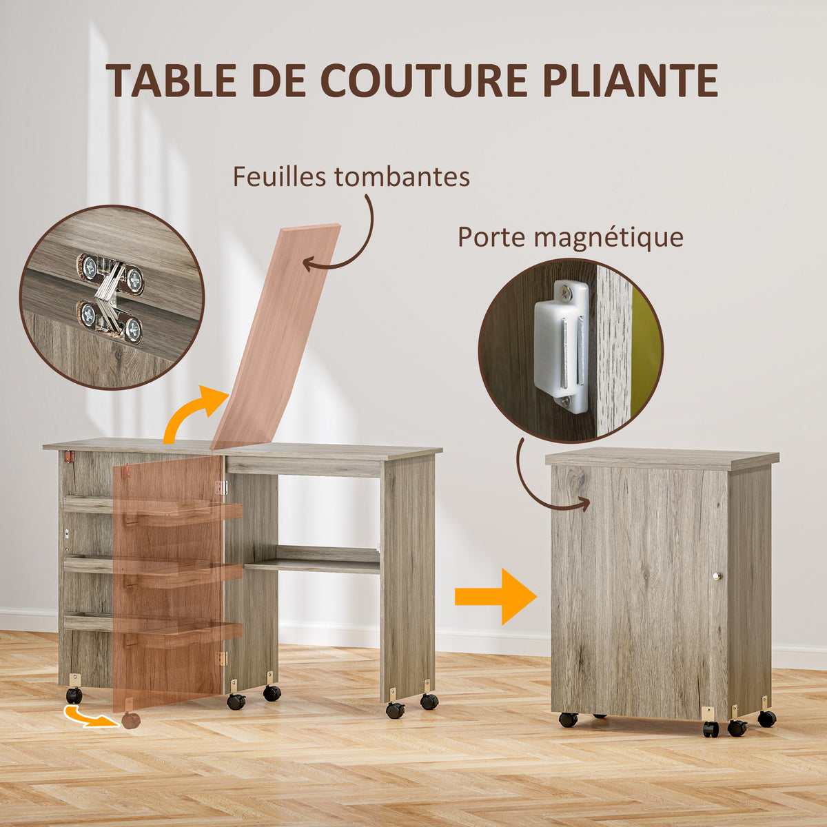 Table de couture pliante meuble couture à abattant avec bacs de rangement, étagère ouverte et roulettes effet bois grisé