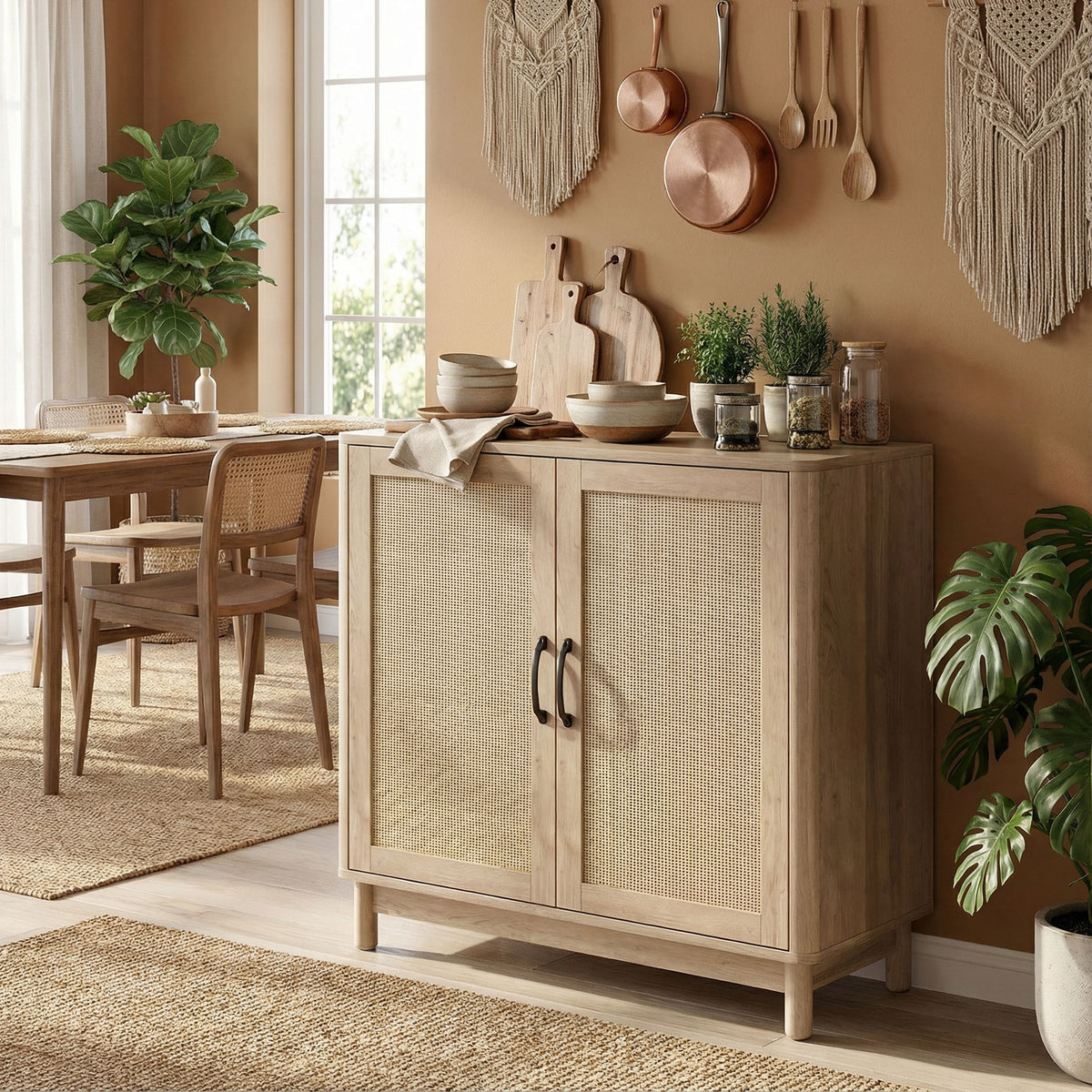 Buffet salon, meuble de rangement avec 2 portes en rotin, étagère réglable et bords arrondis, 76 x 35 x 75,5 cm, chêne