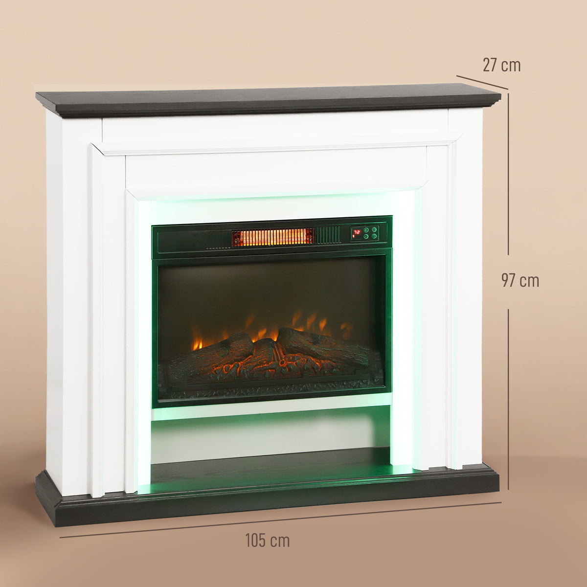 Cheminée électrique 1800W, fausse cheminée décorative lumières LED RGB, effet flamme, manteau, 105 x 27 x 97 cm, noir