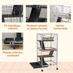 Cage pour Petits Animaux Portable à 4 Niveaux avec Roulettes, 2 Portes, 3 Rampes, Hamac et Plateau Amovible