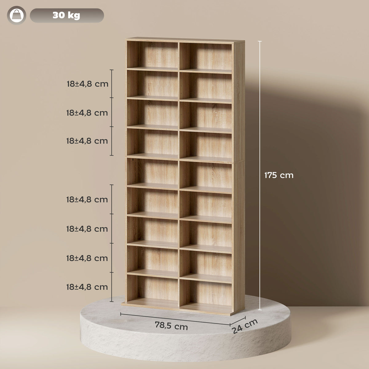 Rangements pour CD et DVD 18 compartiments capacité max. 640 CD/360 DVD 430 Blu-ray 78,5 x 24 x 175 cm bois naturel