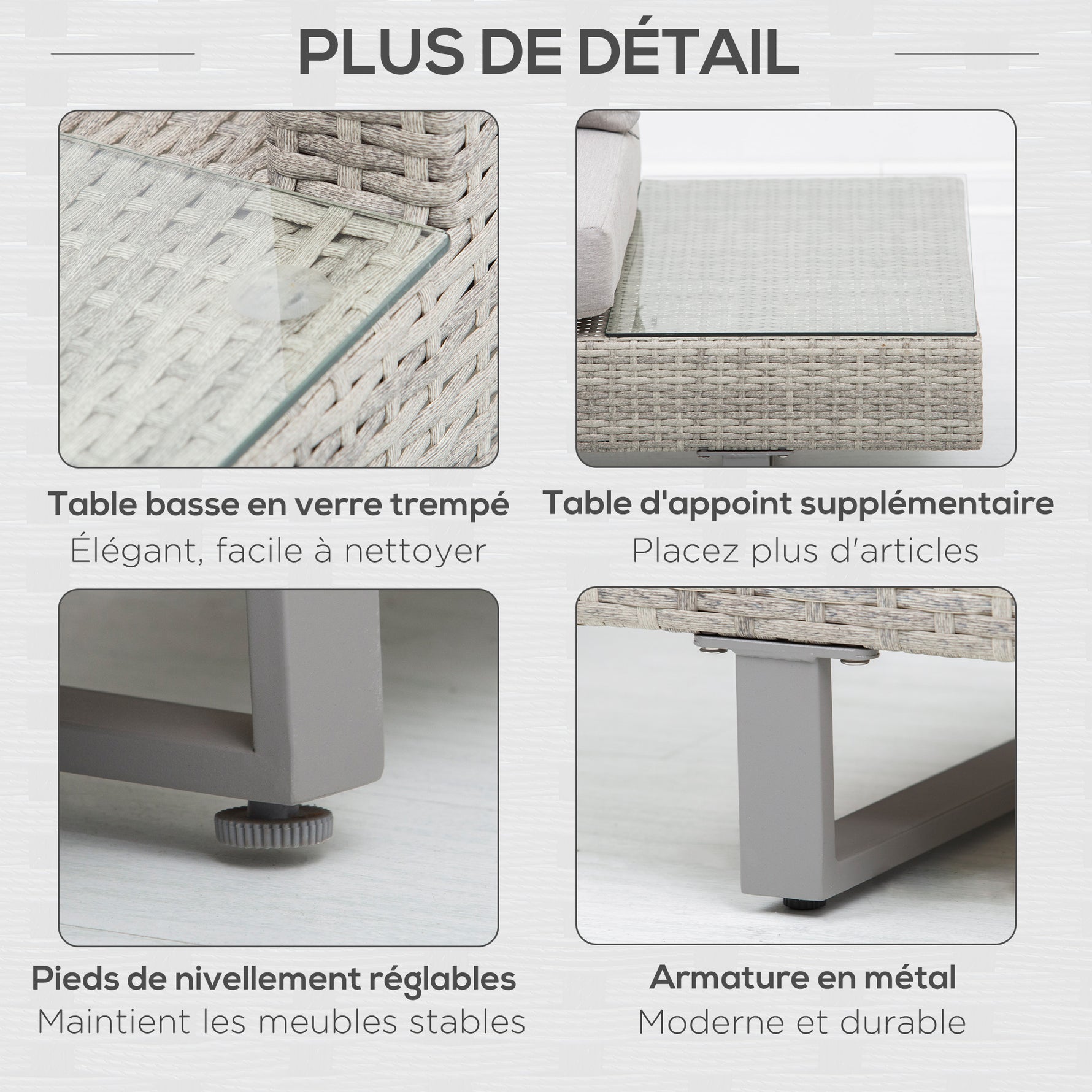 Salon de jardin extérieur d'angle 5 places design contemporain coussins déhoussables table basse acier époxy résine tressée grise