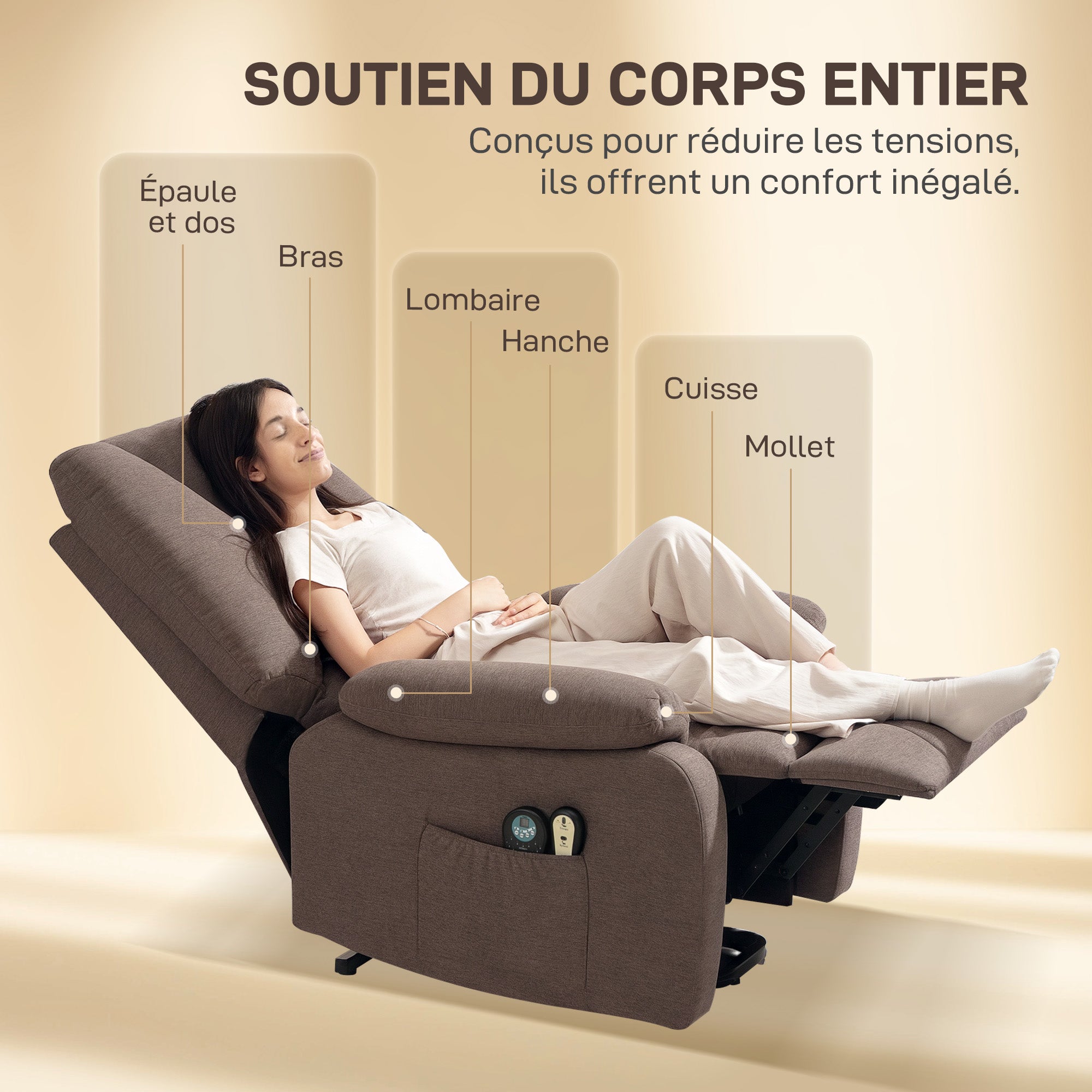Sillón relax eléctrico reclinable con reposapiés y mando a distancia, tela de poliéster aspecto lino marrón