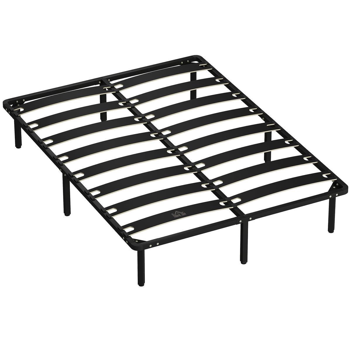 Estructura de cama de 140 x 190 cm, cama matrimonial con somier de láminas de madera maciza y piecero, con almacenamiento debajo, color negro
