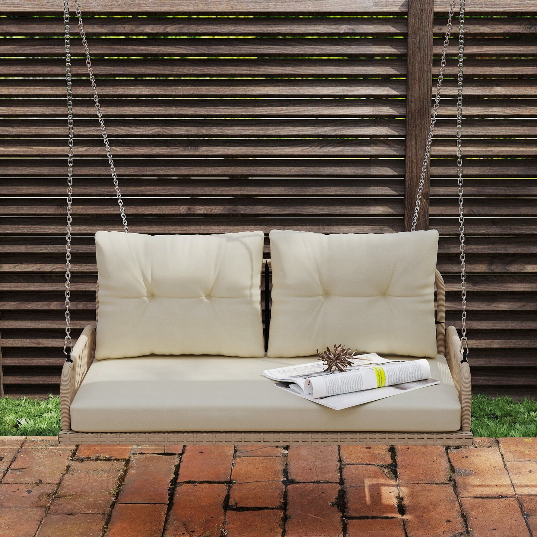 Banc Suspendu Extérieure 2 Places en Résine Tressée avec Coussins et Chaînes en Acier, 115x66x44cm, Beige