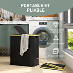 Panier à linge double pliable 80 L corbeille à linge sale avec couvercle, poignées rainurées, noir