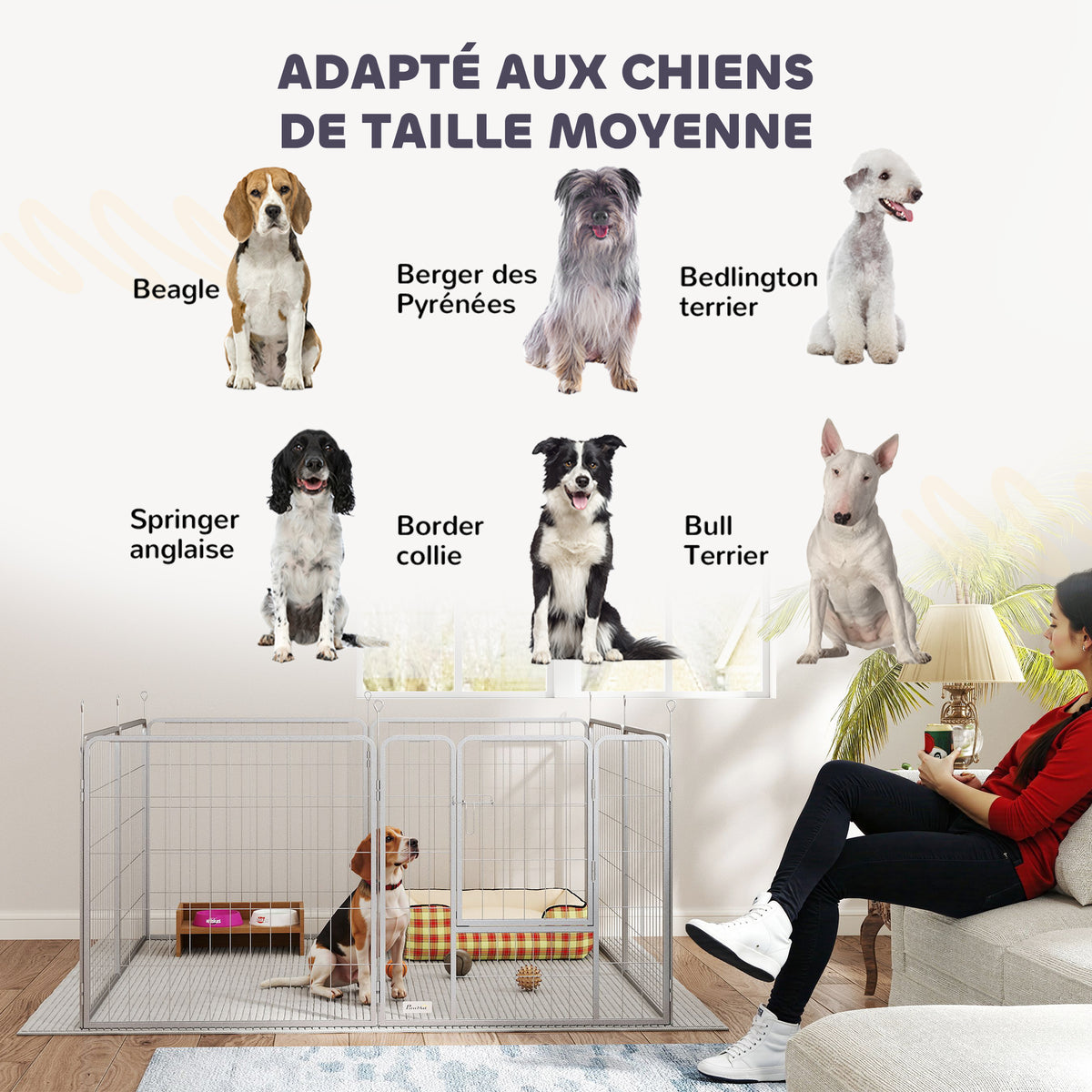 Parc pour chien enclos chien 8 panneaux modulable pliable acier avec porte pour chiot intérieur extérieur 80H cm argent