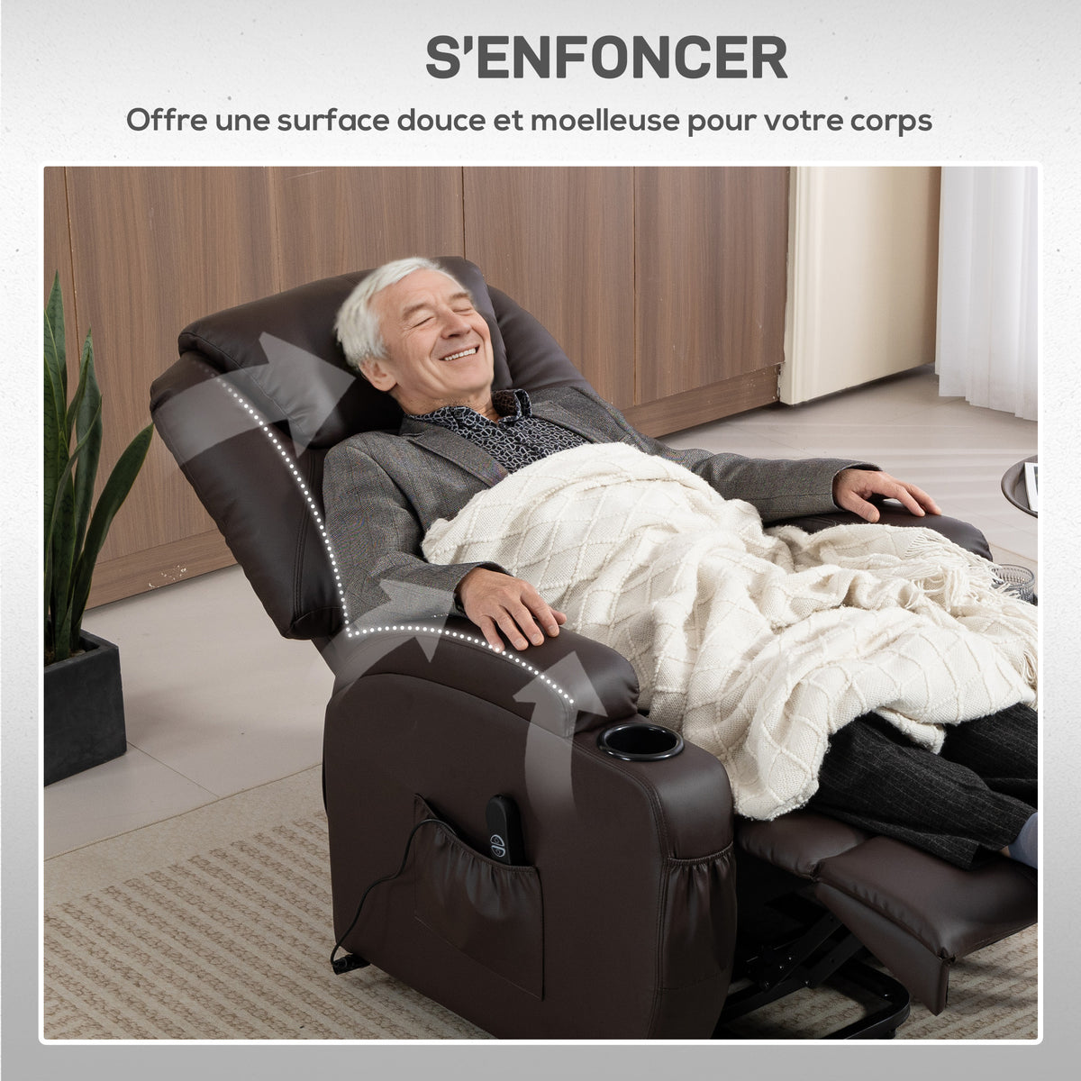 Fauteuil releveur électrique, fauteuil relax électrique, repose-pied, dossier inclinable, port USB, 83x95x107cm, marron