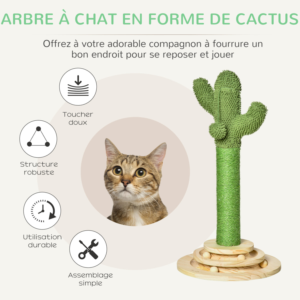 Arbre à chat griffoir forme de cactus en sisal naturel pompon suspendu et plateforme de jeu boules Ø 32 x 60 cm vert-3