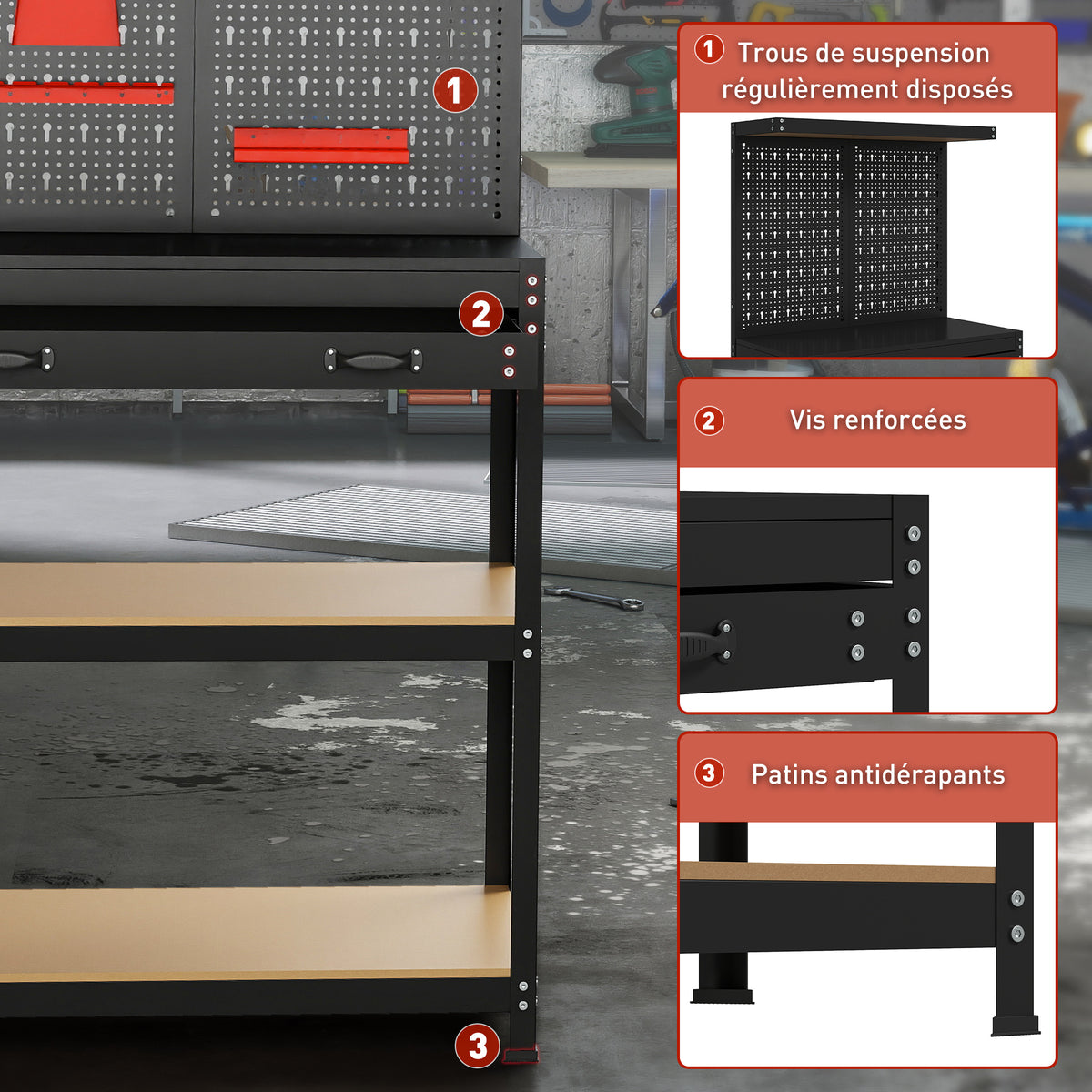 Établi d'atelier, plan de travail avec panneau perforé, 14 kits de suspension, 2 étagères et tiroir, 80x40,5x155cm, noir