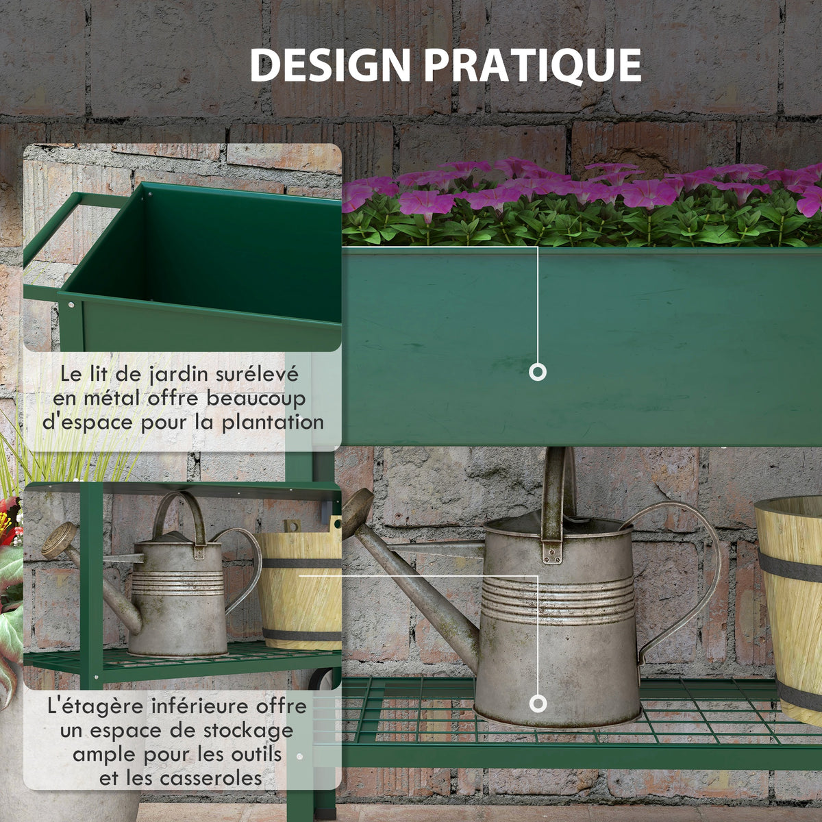 Jardinière sur Pieds Potager dim. 109L x 44l x 80H cm étagère 2 Roues + Insert d'irrigation métal Vert