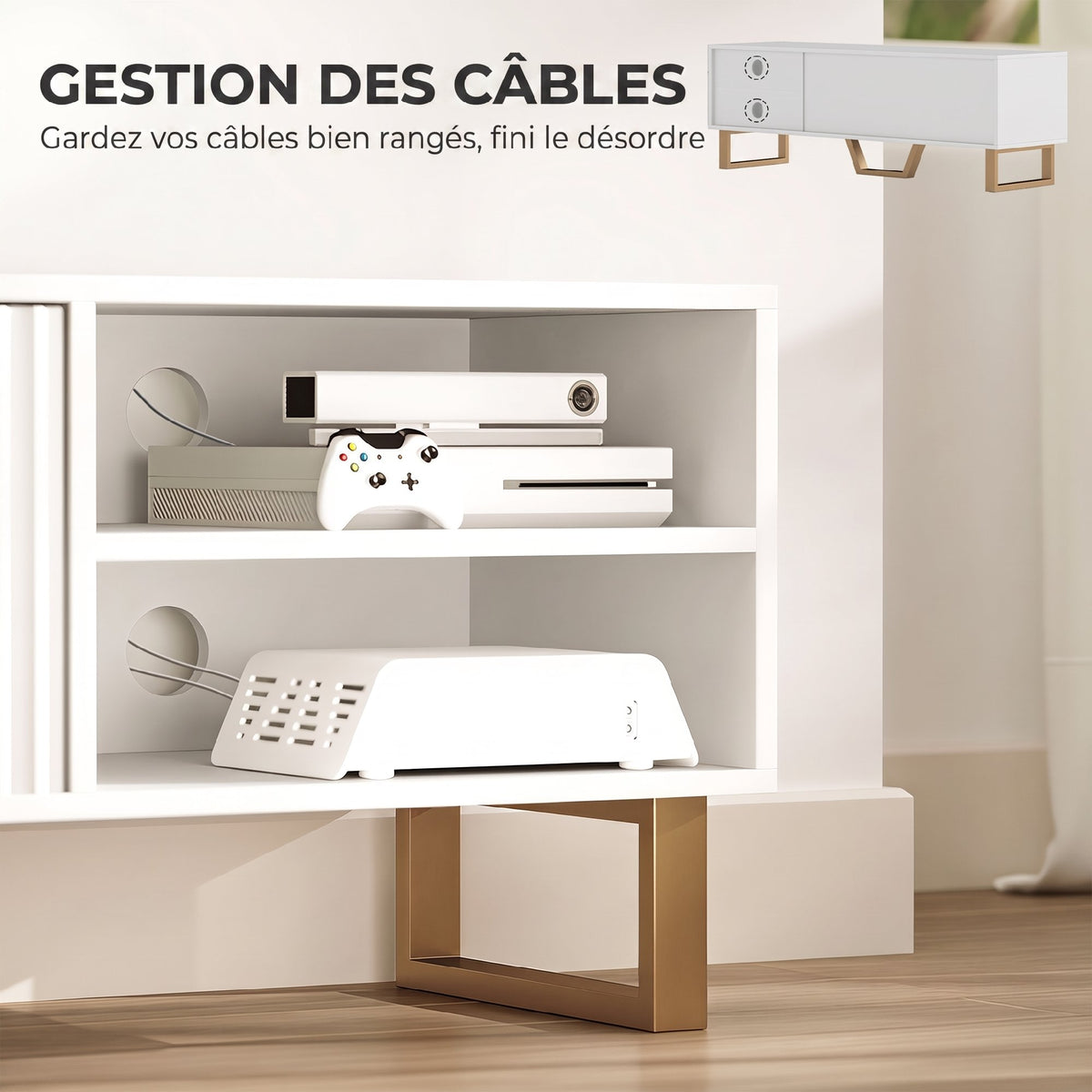 Meuble TV banc TV pour téléviseur jusqu'à 70 pouces - placard à 2 portes cannelées, compartiment ouvert et passe-câbles