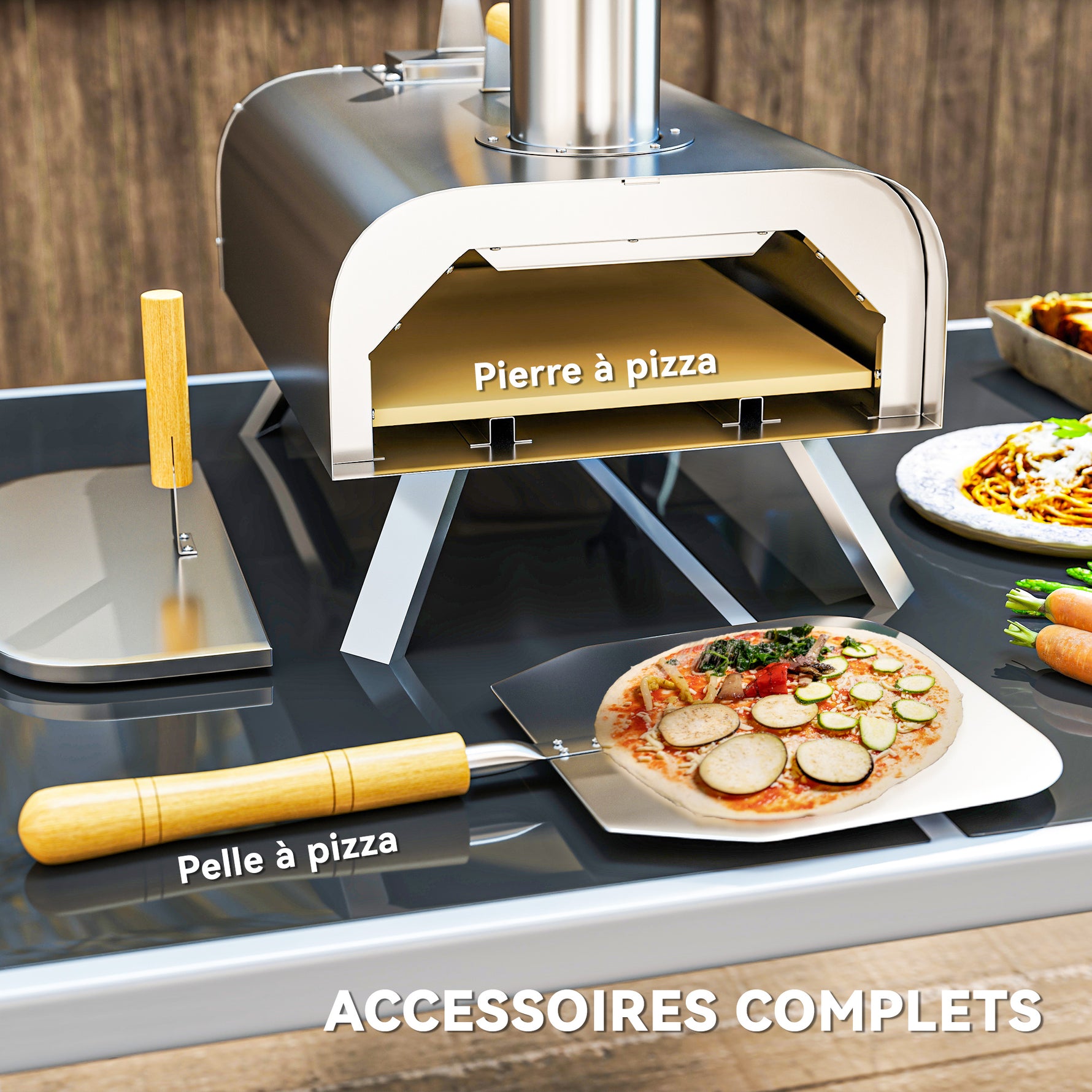 Four à pizza extérieur portable à bois ou à pellet avec pierre à pizza pieds pliables cheminée acier inoxydable argenté