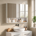 Armadietto a muro da bagno con specchio, mobiletto da bagno 3 ante a specchio, ripiani regolabili, 90x15x75cm, bianco