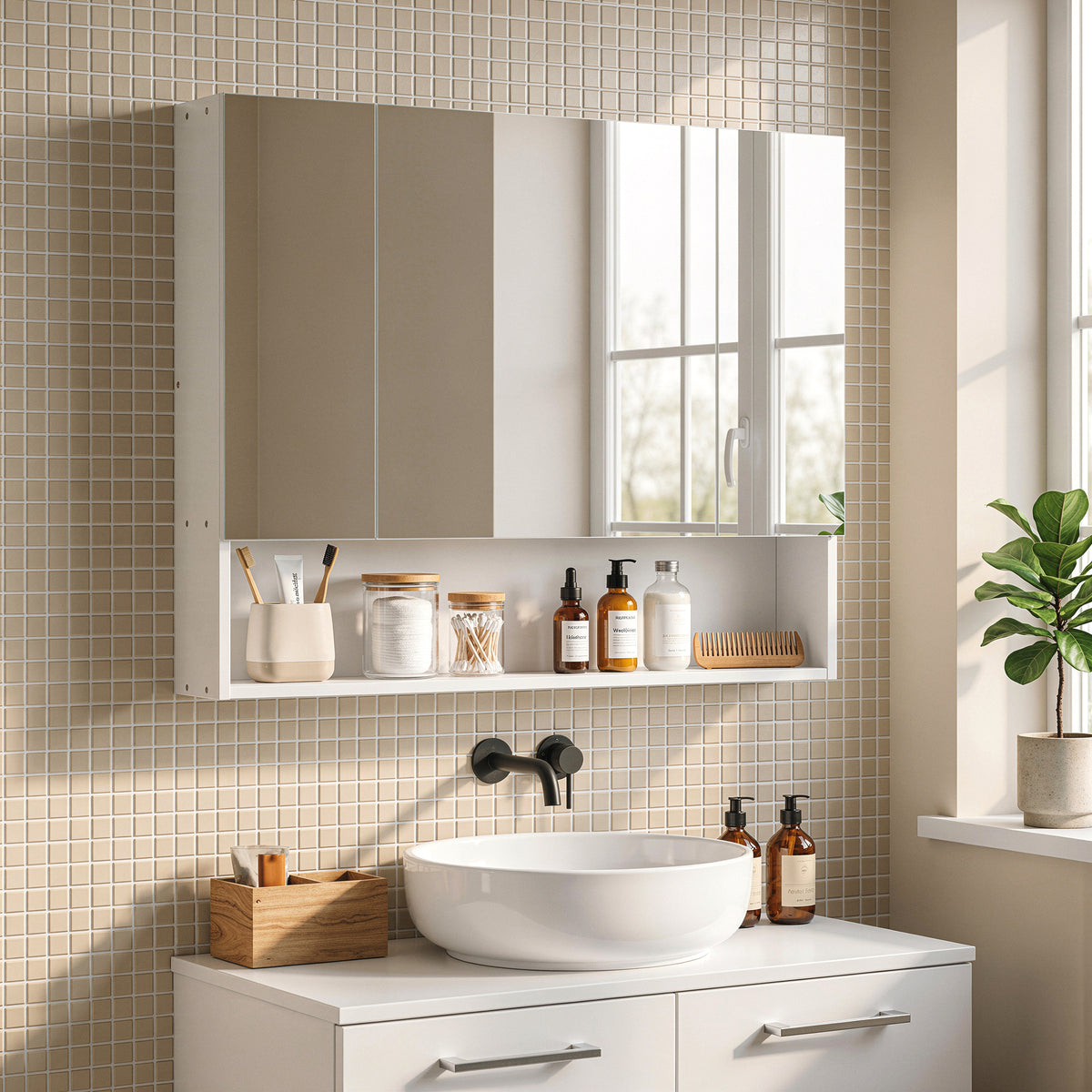 Armadietto a muro da bagno con specchio, mobiletto da bagno 3 ante a specchio, ripiani regolabili, 90x15x75cm, bianco