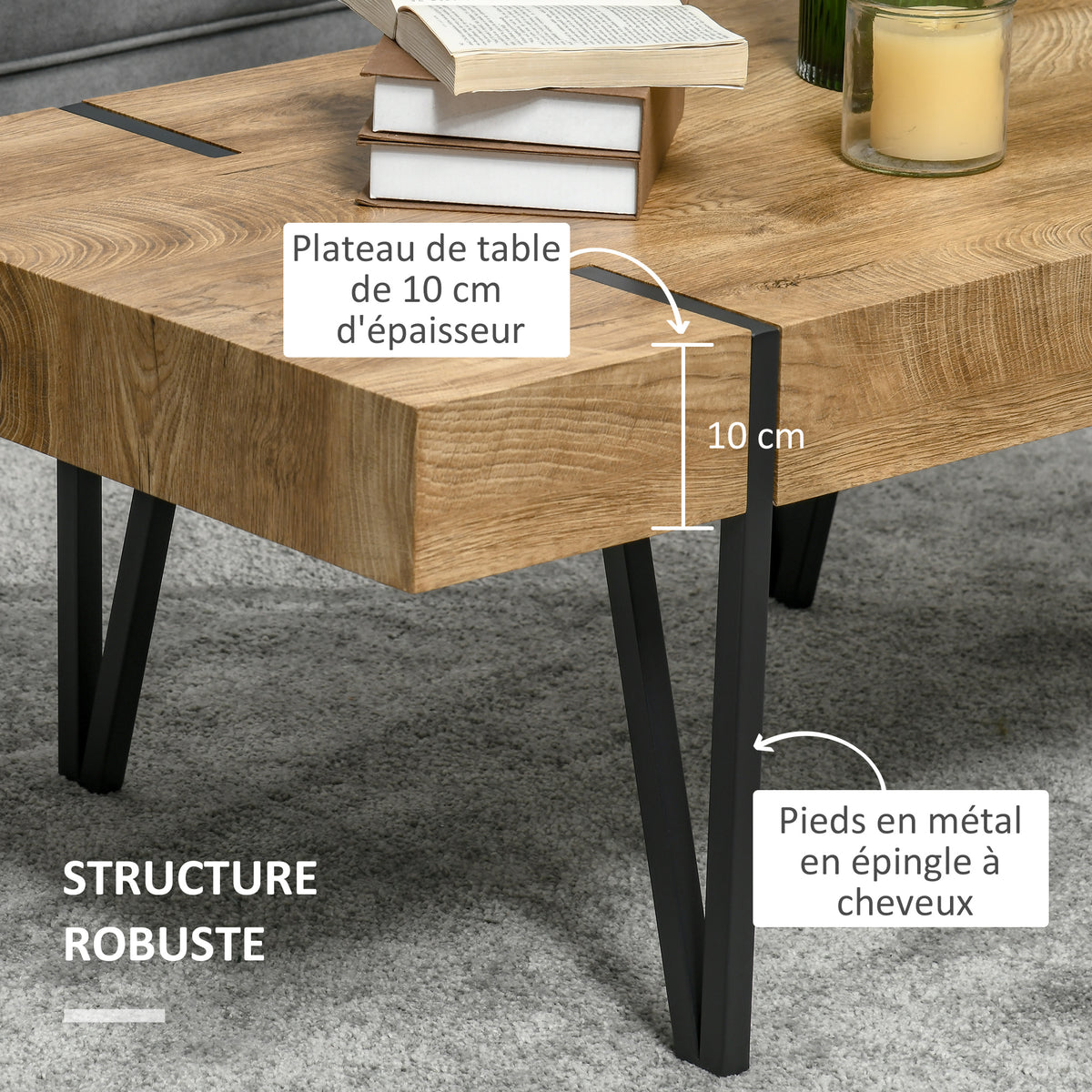 Table Basse rectangulaire Style Industriel piètement épingle métal Noir Plateau Aspect Ancien bastaing, 105 x 60 x 42 cm, Bois