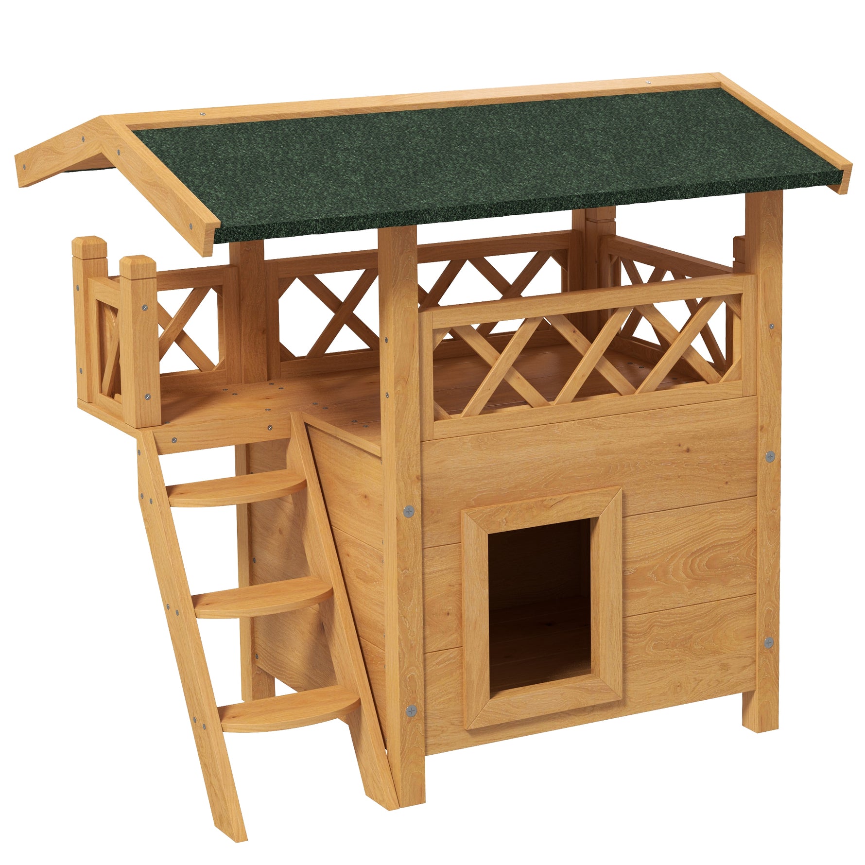 Cabane Chat Extérieur avec Terrasse, Escalier, Toit, Niche Villa, 77 x 50 x 73 cm Bois Naturel et Vert