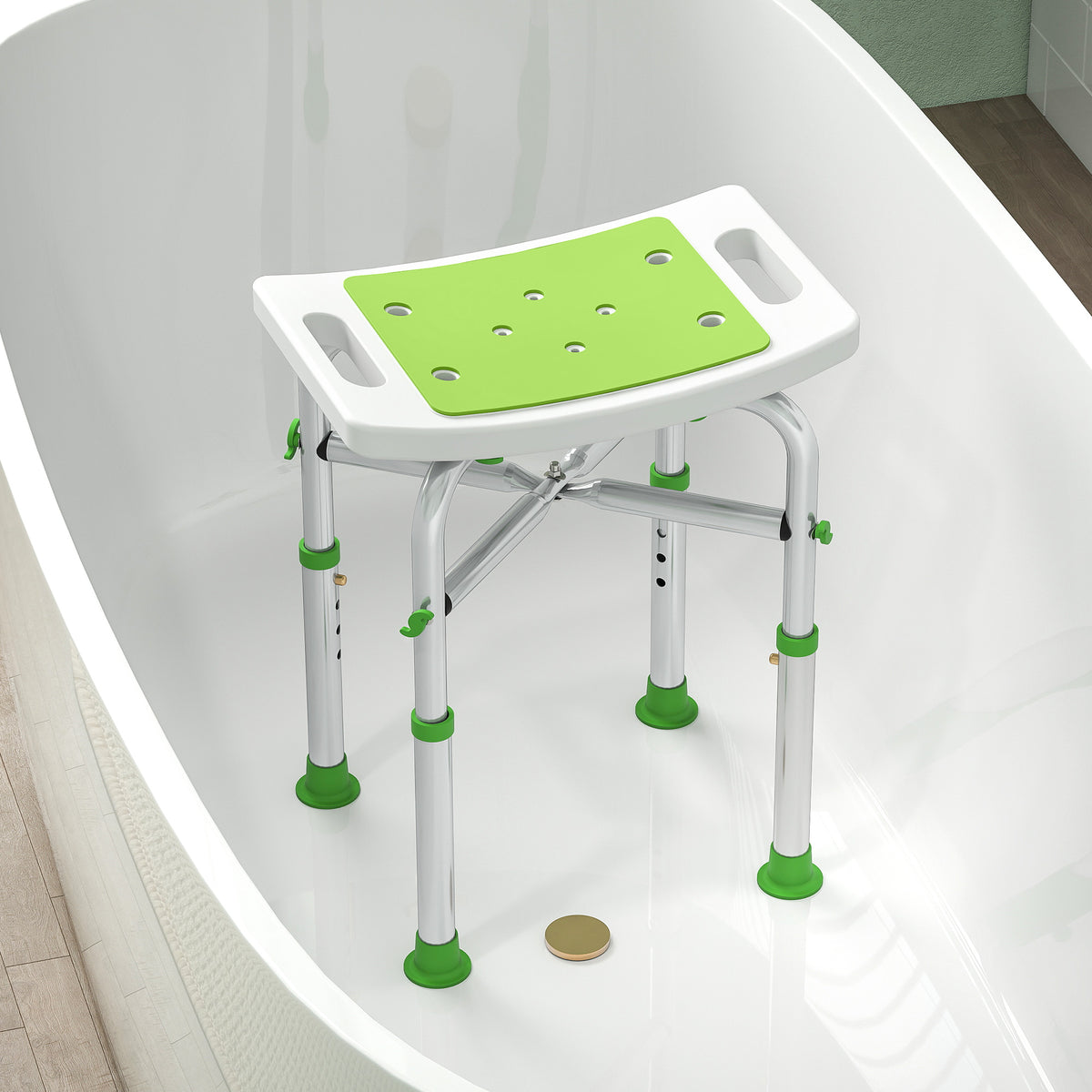 Tabouret de douche chaise de douche - assise rembourré et réglable, patins à ventouses antidérapants, en aluminium vert