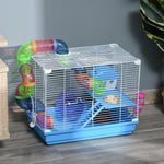 Jaula para hámster y roedor de 2 niveles con túnel, bebedero, rueda, casita y escaleras, dimensiones 46L x 30l x 37H cm, azul