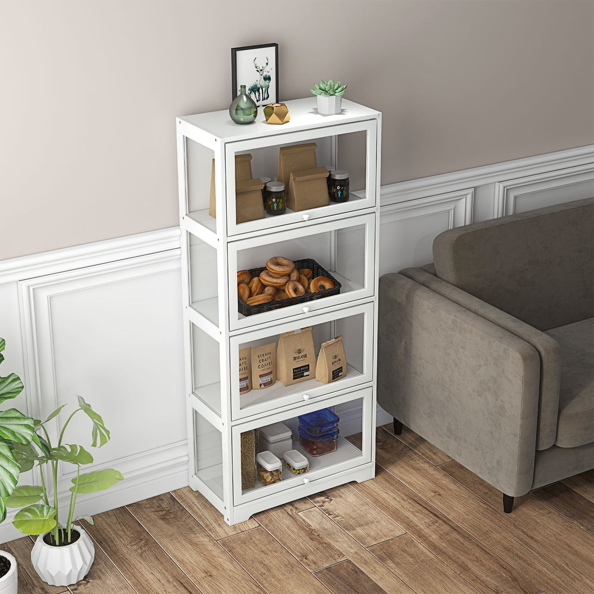 Vitrine pour collection buffet salon meuble de rangement à 4 niveaux avec portes à abattant, 59 x 30 x 139 cm, blanc
