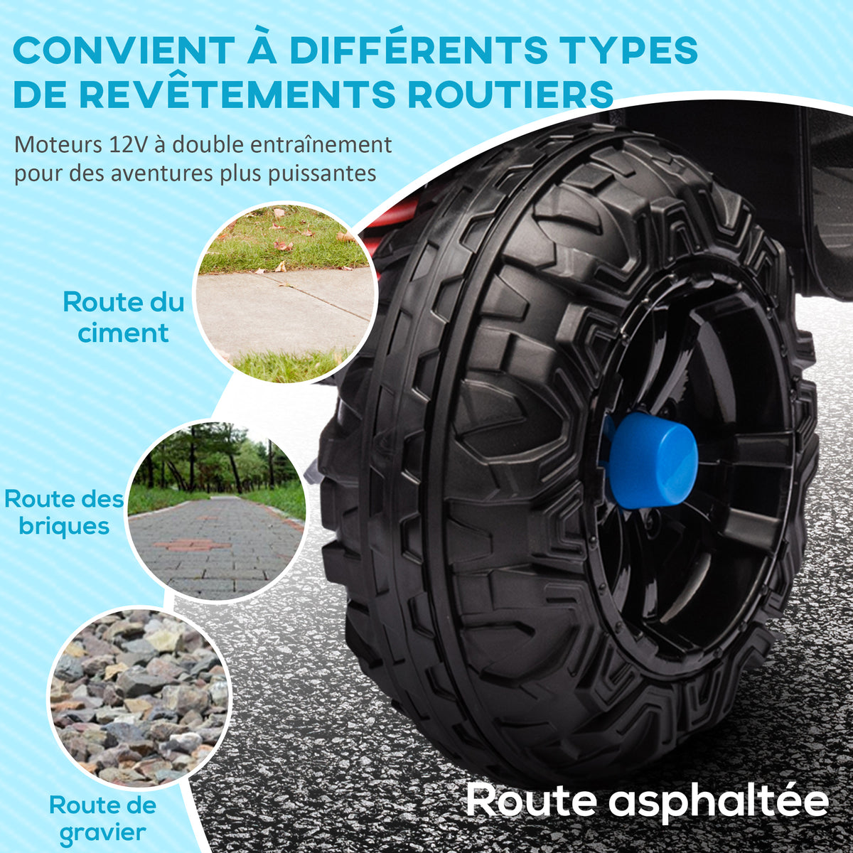 Quad électrique enfant 12 V voiture électrique 2 moteurs marche avant et arrière 37-60 mois 85 x 55,5 x 62 cm bleu
