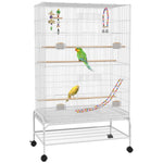 Cage à oiseaux sur pieds roulettes avec 4 mangeoires et 3 perchoirs 79 x 49 x 133 cm blanc
