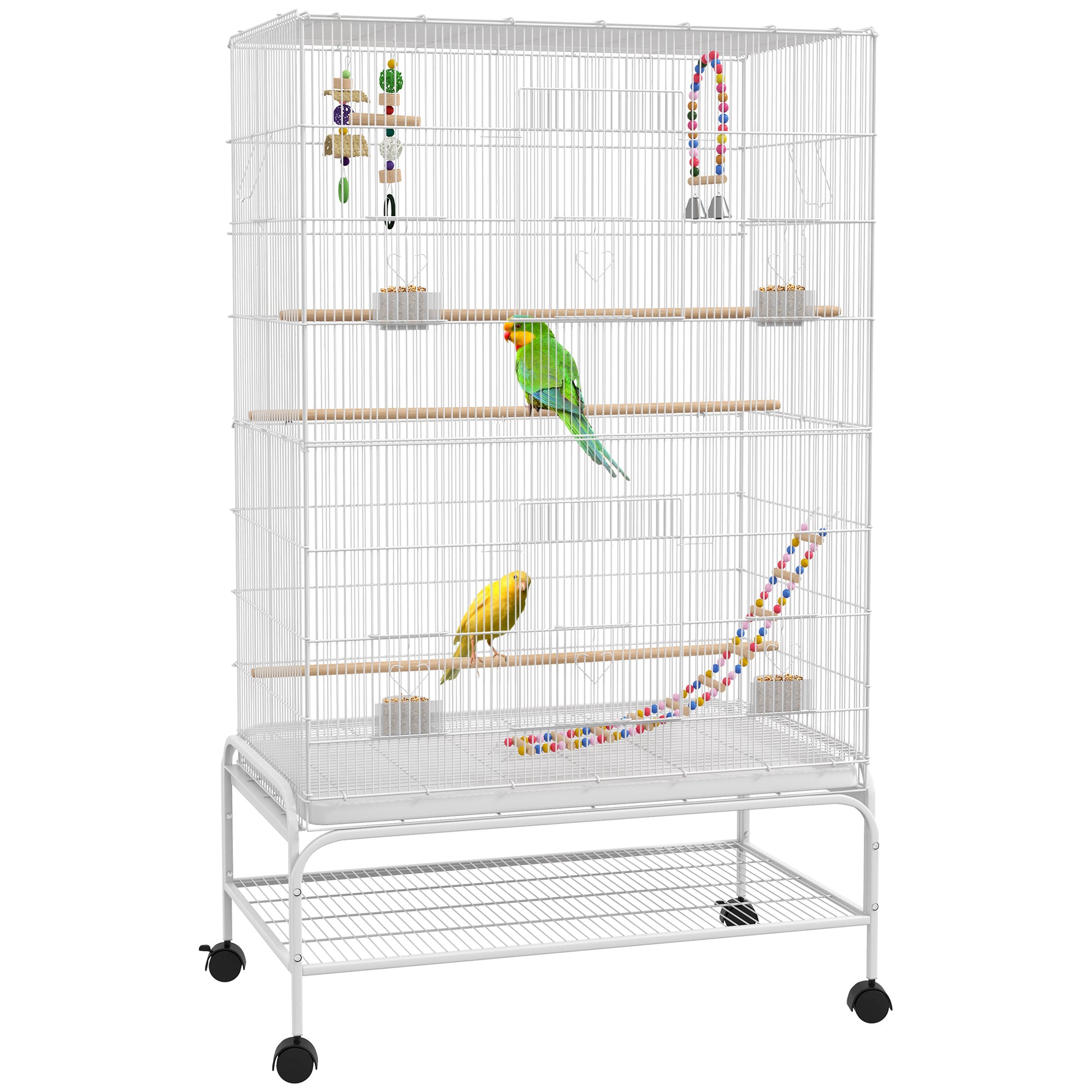 Cage à oiseaux sur pieds roulettes avec 4 mangeoires et 3 perchoirs 79 x 49 x 133 cm blanc