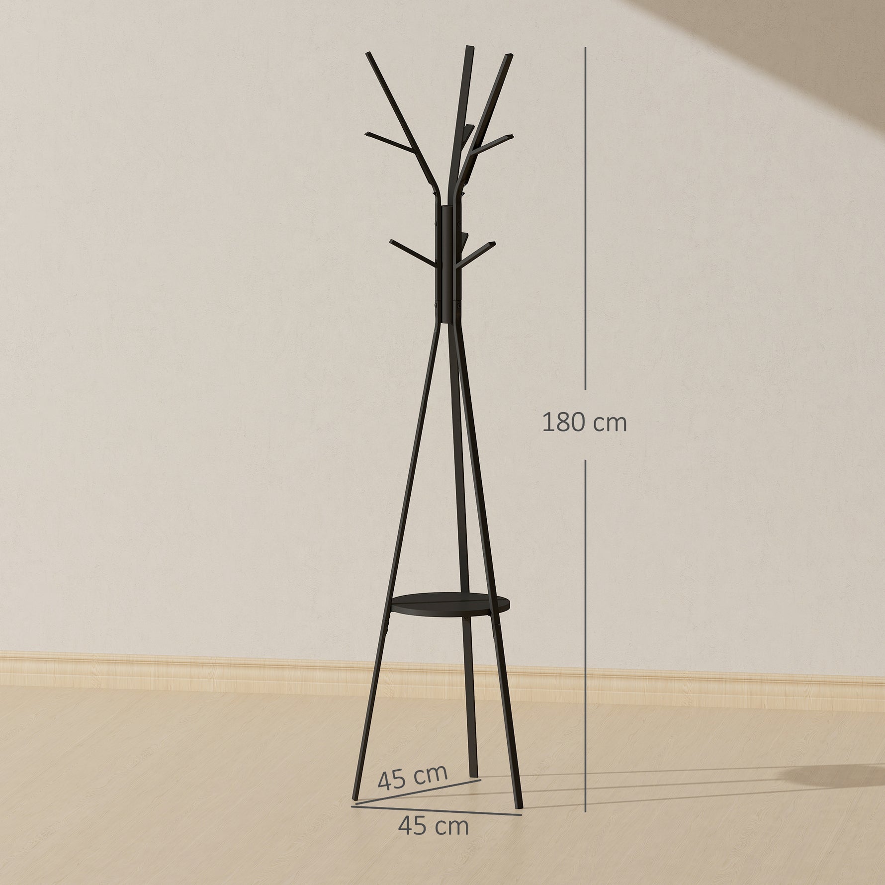 Porte-manteau trépied design contemporain branches étagère + 9 patères dim. 45L x 45l x 180H cm métal noir