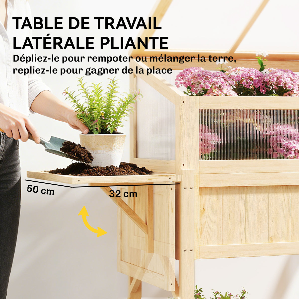 Carré potager sur pieds avec serre, jardinière surélevée, table latérale pliante et étagère, 104x50x120cm, bois naturel