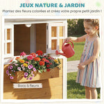 Cabane enfant extérieur en bois, maison enfant extérieure/intérieure avec porte, fenêtres, 3 bacs à fleurs, jaune