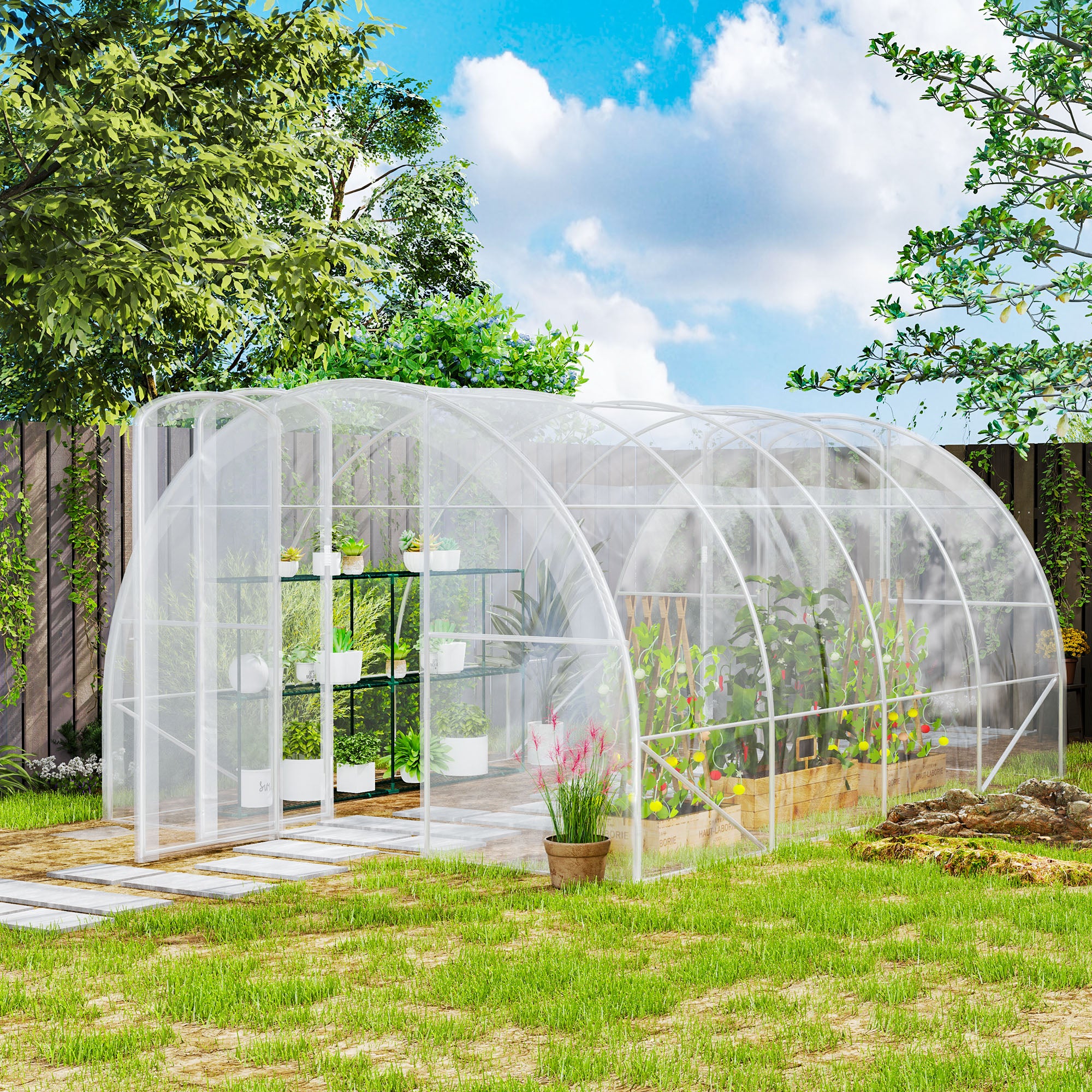 Serre de jardin tunnel 4 x 3 x 2 m 12 m² avec 2 portes à charnières bâche en PE 150 g/m² pour Légumes Plantes Fleurs