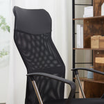 High-comfort executive office chair, ergonomic backrest, adjustable seat height, swivel, black mesh fabric