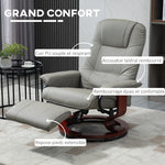 Fauteuil relax inclinable repose-pieds réglable pivotant 360° piètement bois revêtement PU respirant et doux gris