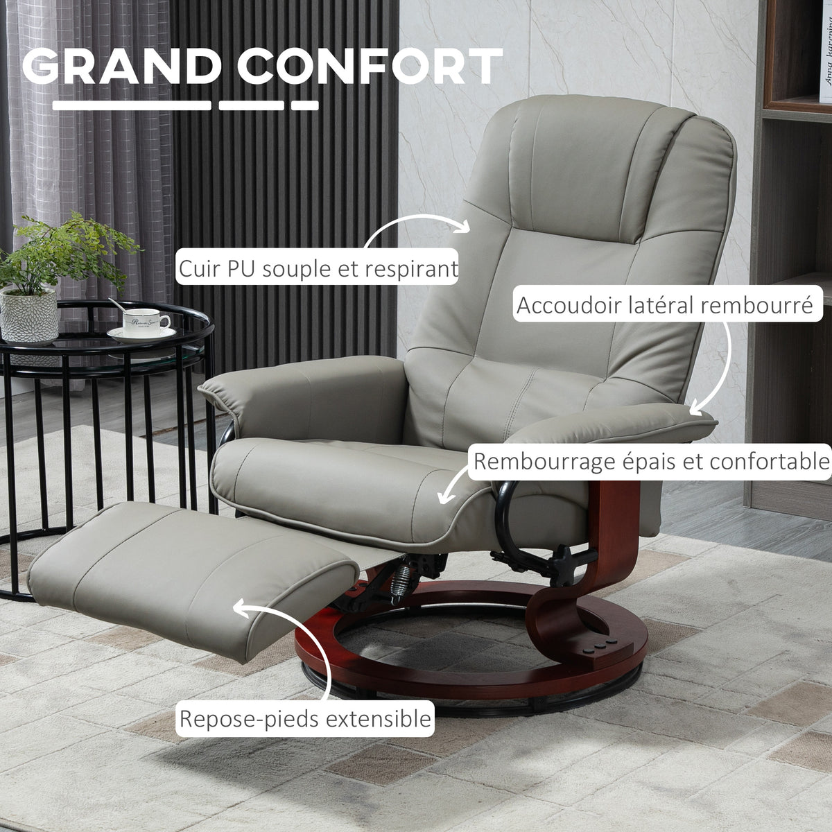 Fauteuil relax inclinable repose-pieds réglable pivotant 360° piètement bois revêtement PU respirant et doux gris