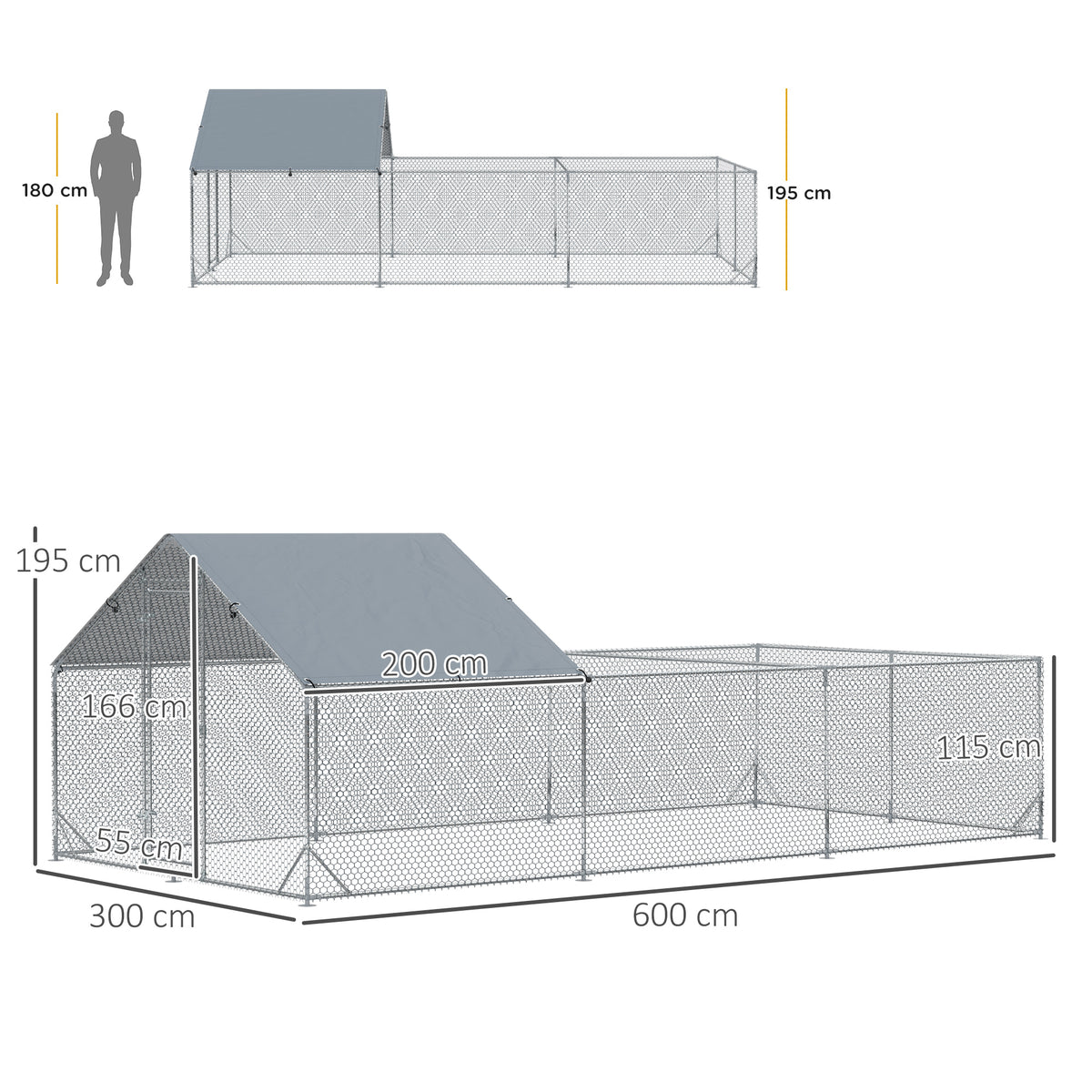 Enclos poulailler parc grillagé extérieur 18 m² chenil volière espace couvert acier galvanisé 6 x 3 x 1,95 m-2