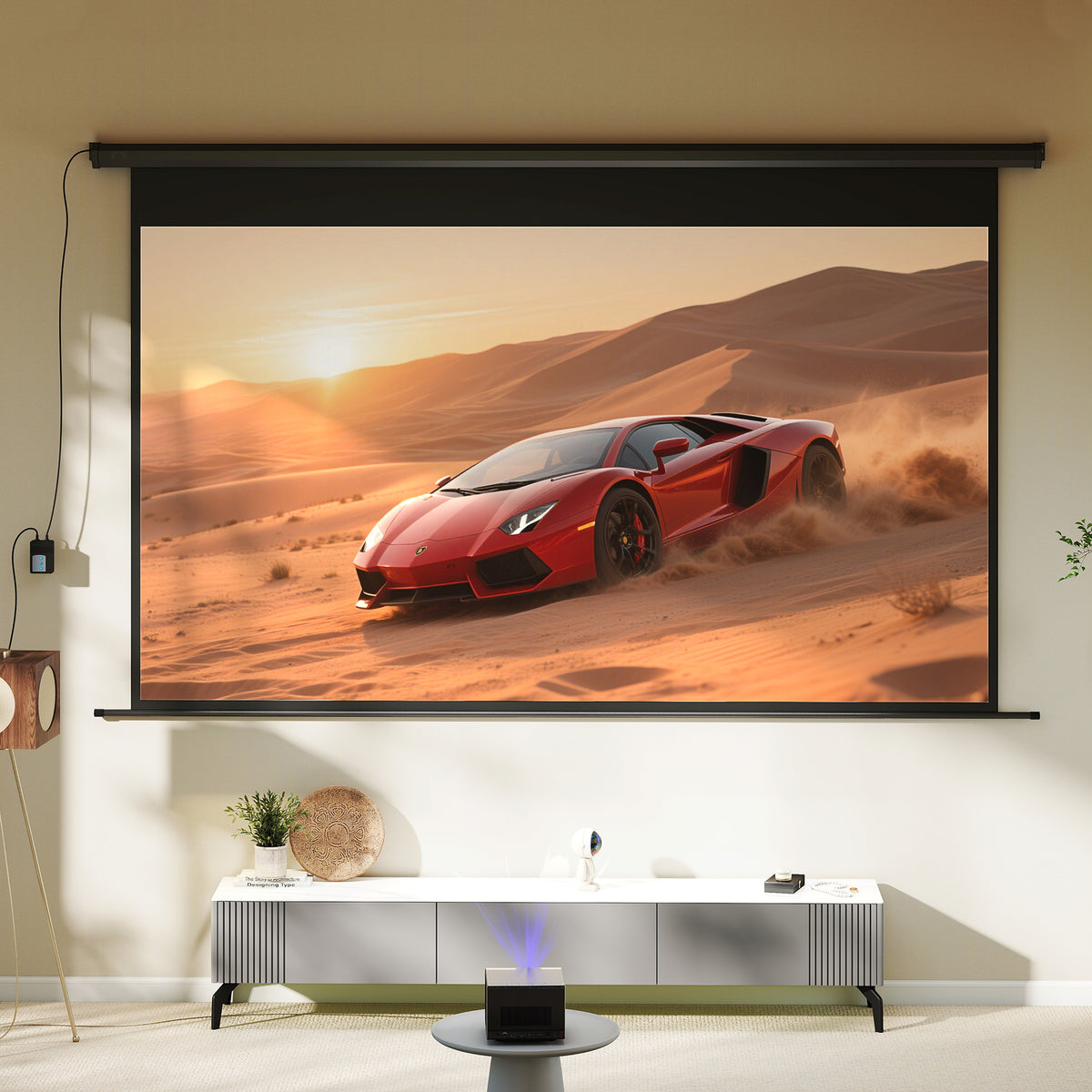 Pantalla de proyección motorizada de 120 pulgadas, 16:9 4K HD, montaje en pared o techo con mando a distancia, 297x8x183 cm