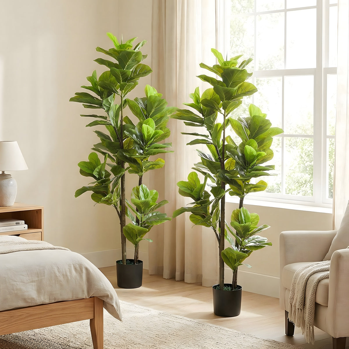 Lot de 2 plantes artificielles intérieures 150 cm, fausse plante à figuier lyre avec pot en ciment, vert