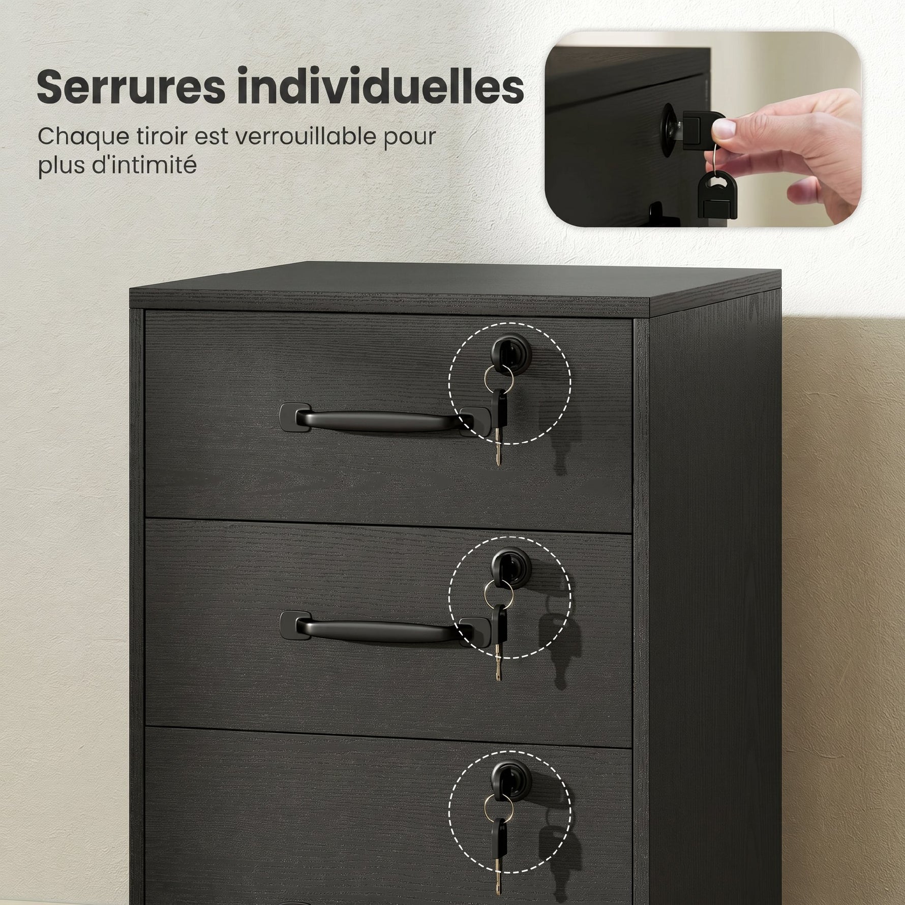 Caisson de Bureau Mobile avec 3 Tiroirs Verrouillables, Caisson de Rangement sur Roulettes, 40 x 40 x 69,5 cm, Noir