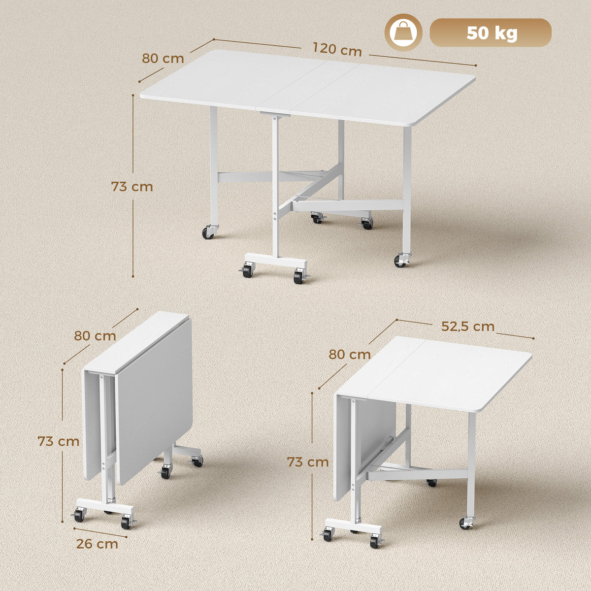 Mesa de Comedor Plegable con Ruedas para 4-6 Personas 120 cm, Ruedas con Frenos, 2 Abatibles, Estilo Industrial, Blanco